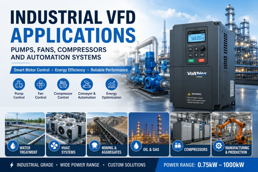Industrial Variable Frequency Drive VFD Applications for Pumps, Fans, Compressors, Water Treatment, Mining, Conveyors and Automation Systems, 0.75kW–1000kW AC Motor Drives