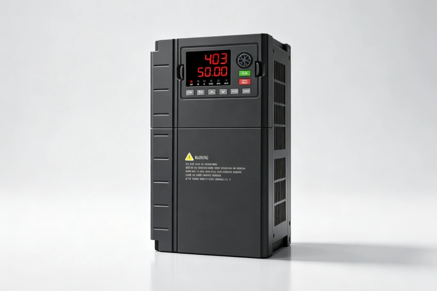 Industrial Variable Frequency Drive VFD Front View with Digital Display Control Panel for Industrial Motor Energy Saving Retrofit Project, 0.75kW to 1000kW AC Motor Applications, China Factory Manufacturer