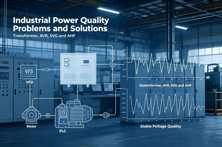 Industrial Electrical System Diagram for Power Quality Improvement in Manufacturing Plants Using Industrial Transformer AVR Automatic Voltage Regulator SVG Static Var Generator and AHF Active Harmonic Filter for Three Phase Electrical Loads
