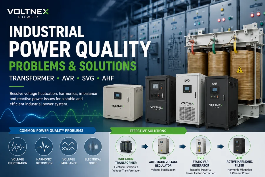 Industrial Power Quality Problems and Solutions for Factories Transformer AVR SVG AHF Voltage Stabilizer Harmonic Filter Power Factor Correction Voltage Regulation Harmonic Mitigation Voltnex Power