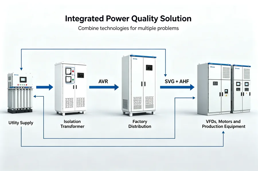 Integrated Industrial Power Quality Solution Combining Isolation Transformer AVR Automatic Voltage Regulator SVG Static Var Generator and AHF Active Harmonic Filter for Factory Electrical Networks and Manufacturing Plants