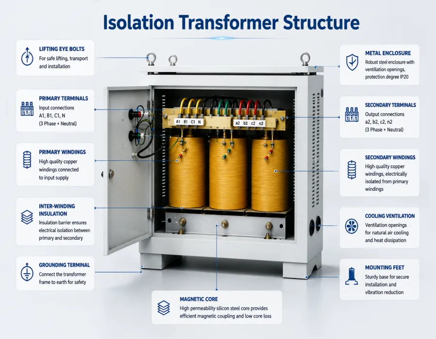 Internal Structure of Three Phase Dry Type Isolation Transformer Showing Main Components, Copper Windings, Magnetic Core, Insulation System and Galvanic Isolation Principle | Voltnex Power
