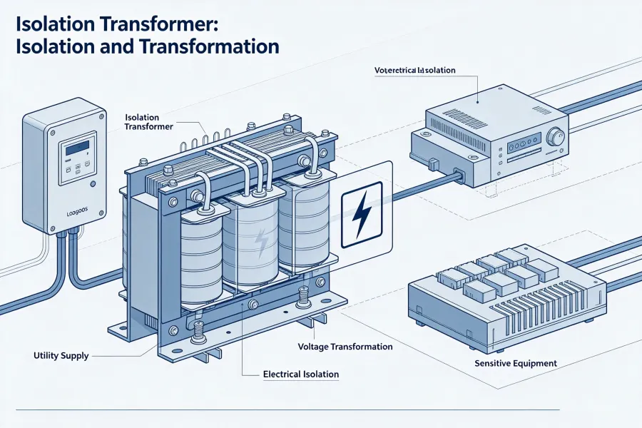 Isolation Transformer Working Principle Showing Electrical Isolation and Voltage Transformation for Sensitive Automation Equipment PLC VFD CNC Machines Industrial Control Systems and Factory Electrical Applications