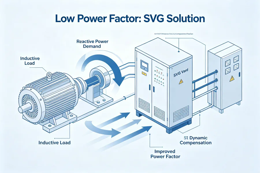 Low Power Factor and Reactive Power Compensation Solution Using Static Var Generator SVG for Three Phase Induction Motor Loads Pumps Fans Compressors HVAC Systems and Industrial Factory Electrical Networks