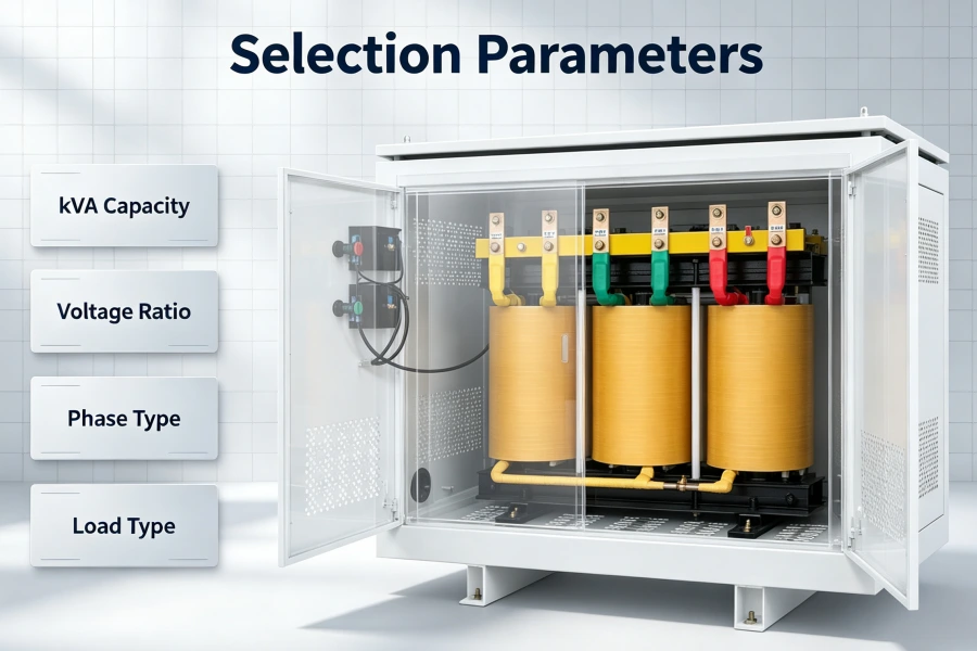 Main Electrical Parameters Reference Guide for Industrial Isolation Transformer Selection Showing kVA Rating, Voltage, Phase, Frequency, Winding Material, Insulation and Cooling Requirements | Voltnex Power