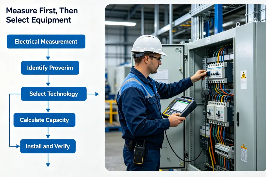 Industrial Power Quality Assessment Process for Manufacturing Facilities Measure Voltage Current THD Harmonics Power Factor kW kVA and Reactive Power Before Selecting Transformer AVR SVG and AHF Equipment