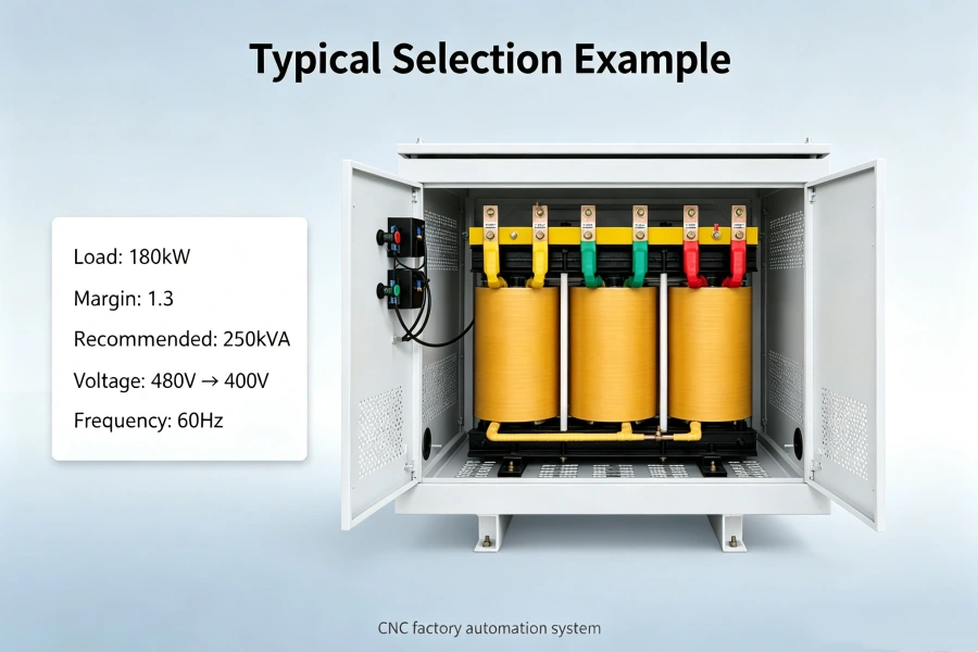 Practical Dry Type Isolation Transformer Sizing Example for CNC Automation Manufacturing Factory Showing Load Calculation, kVA Selection, Safety Factor and Industrial Power Solution | Voltnex Power