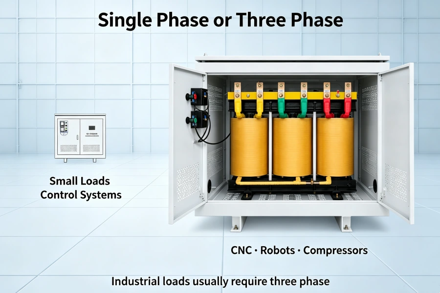 Single Phase and Three Phase Isolation Transformer Application Difference Guide for Industrial Sites Showing Load Types, Voltage Systems, Equipment Applications and Power Protection Solutions | Voltnex Power
