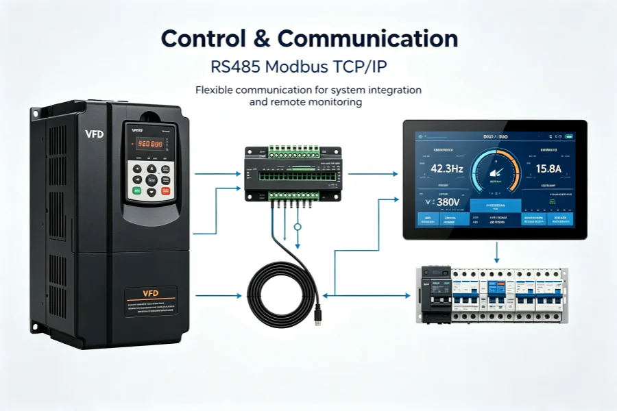 Smart VFD with Touch Screen HMI, RS485 Modbus Communication and Remote Industrial Monitoring Function | Intelligent Variable Frequency Drive | VoltNex Power