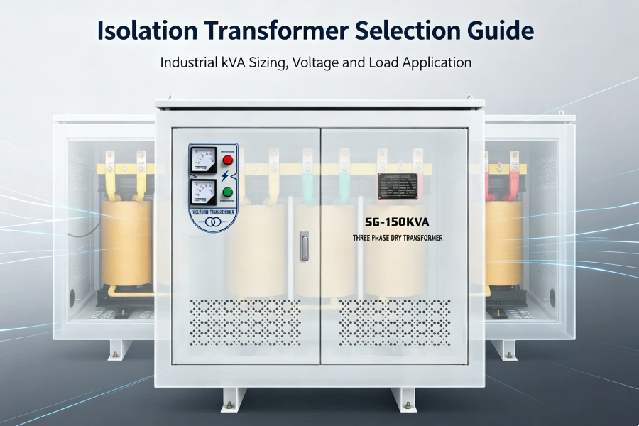 Three Phase Dry Type Isolation Transformer for Industrial Equipment Power Selection Guide Showing kVA Capacity, Voltage Requirements, Motor Loads, CNC Machines, Automation Systems and Factory Power Protection Solutions | Voltnex Power