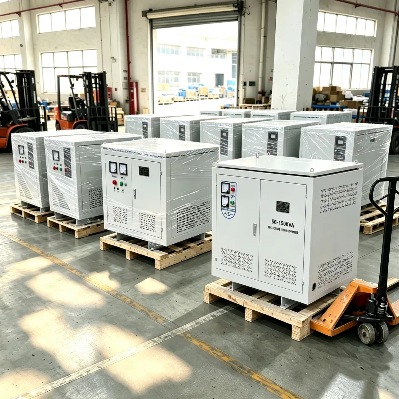 Three Phase Dry Type Isolation Transformers from 10kVA to 2500kVA Ready for Shipment at Voltnex Power China Factory Showing Industrial Transformer Manufacturing, Quality Inspection and Global Export Power Solutions