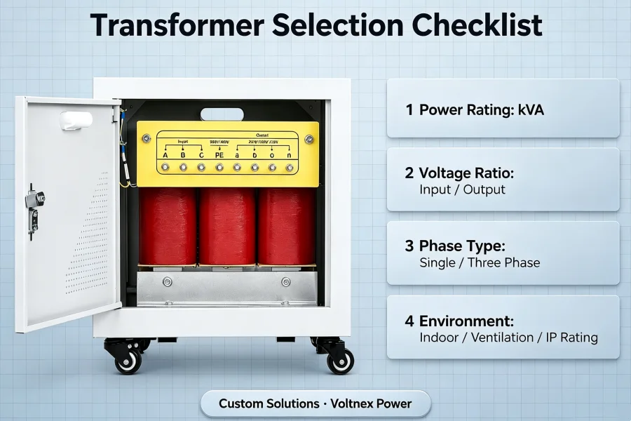 Transformer Selection Checklist Infographic Showing Power Rating, Voltage Ratio, Phase Configuration, Installation Environment, kVA Capacity and Copper Winding Requirements for Industrial Transformer Solutions | Voltnex Power