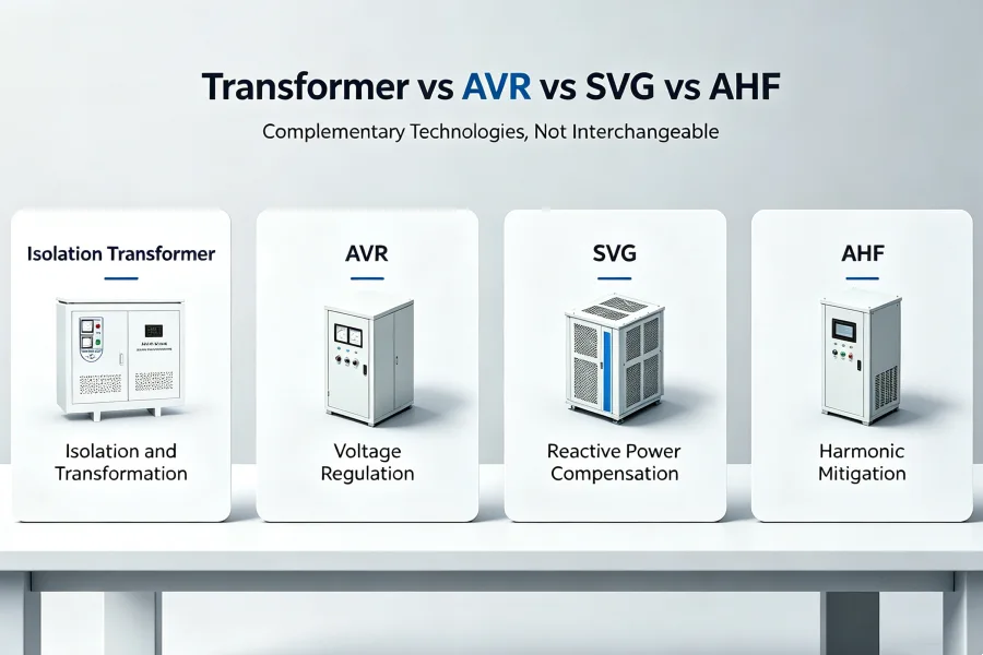 Transformer vs AVR vs SVG vs AHF Difference Comparison Chart for Industrial Power Quality Solutions Including Voltage Regulation Electrical Isolation Reactive Power Compensation Harmonic Filtering and Factory Electrical Systems