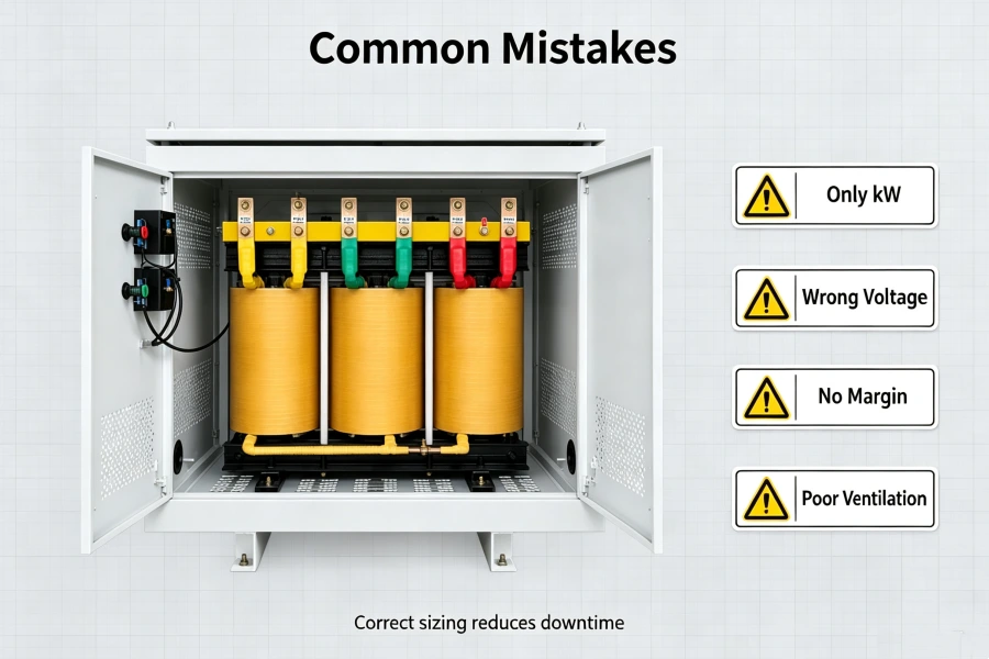 Typical Common Mistakes When Specifying Industrial Dry Type Isolation Transformer for Factories Showing Incorrect kVA Sizing, Voltage Selection Errors, Phase Mismatch, Cooling Problems and Transformer Selection Solutions | Voltnex Power