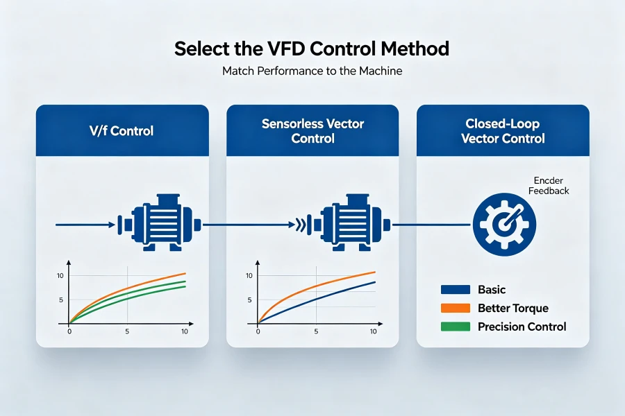 VFD control method selection for AC motors showing V/F control sensorless vector control and closed-loop vector control for 0.75kW-1000kW variable frequency drive applications