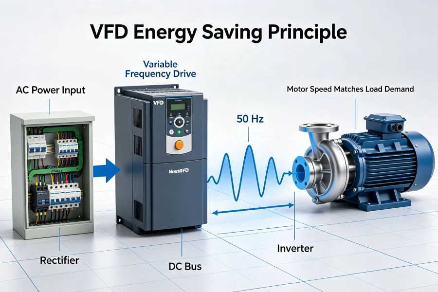 VFD Energy Saving Principle Infographic Showing AC Power Rectifier DC Bus Inverter Motor and Pump Variable Speed Control Workflow, 0.75kW to 1000kW Industrial VFD Applications, China Factory Manufacturer