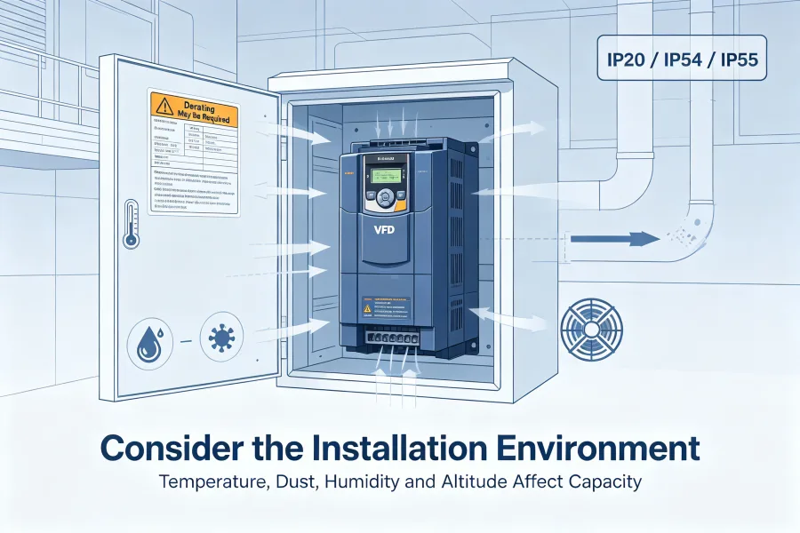 VFD installation environment selection for industrial motor control showing temperature dust humidity altitude ventilation and environmental requirements for 0.75kW-1000kW variable frequency drives