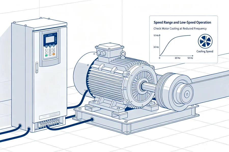 VFD motor compatibility and sizing guide for AC motors showing motor power rated current voltage frequency speed range overload capacity and variable frequency drive selection for 0.75kW-1000kW applications