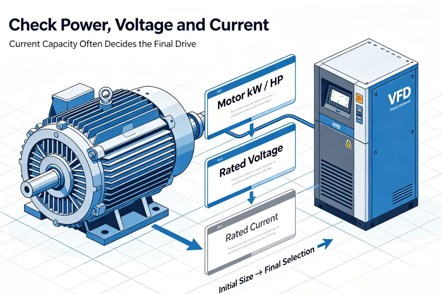 VFD power voltage and current sizing for AC motors showing motor rated power rated voltage rated current frequency and Variable Frequency Drive selection from 0.75kW to 1000kW
