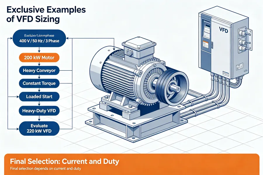 VFD sizing example for AC motor showing Variable Frequency Drive selection based on motor rated current load type duty rating power voltage frequency and overload capacity from 0.75kW to 1000kW