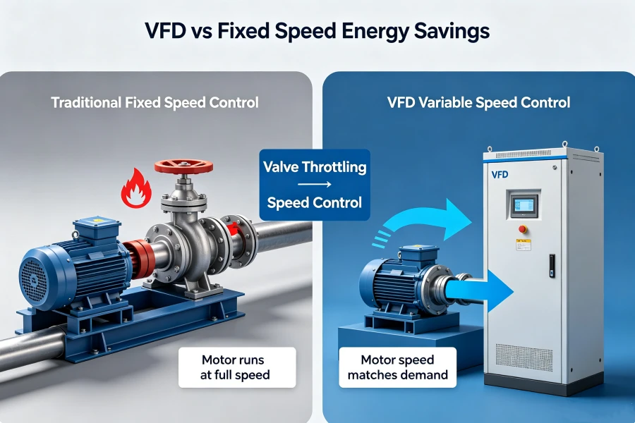 VFD Versus Fixed Speed Throttling Control Comparison Infographic for Traditional Valve Control and Variable Speed Drive Solution, 0.75kW to 1000kW Industrial Pump Motor Applications, China Factory Manufacturer
