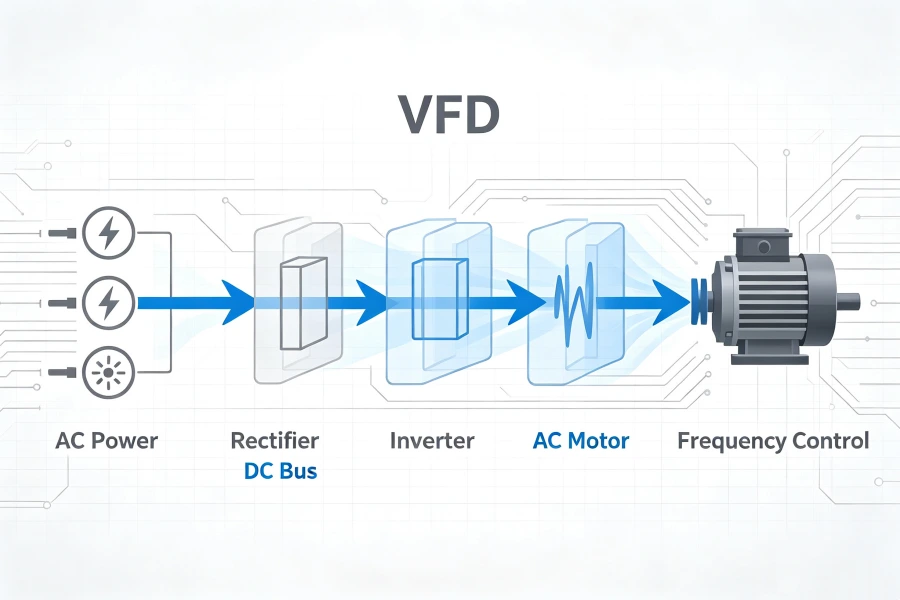 Variable Frequency Drive VFD Working Principle Diagram Showing AC to DC to AC Power Conversion for Industrial AC Motor Control