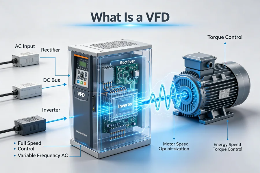 Variable Frequency Drive VFD Working Principle Diagram Showing AC to DC to AC Power Conversion, Full Variable Speed and Torque Control for Industrial Three-Phase AC Induction Motors, 0.75kW to 1000kW China Factory Manufacturer
