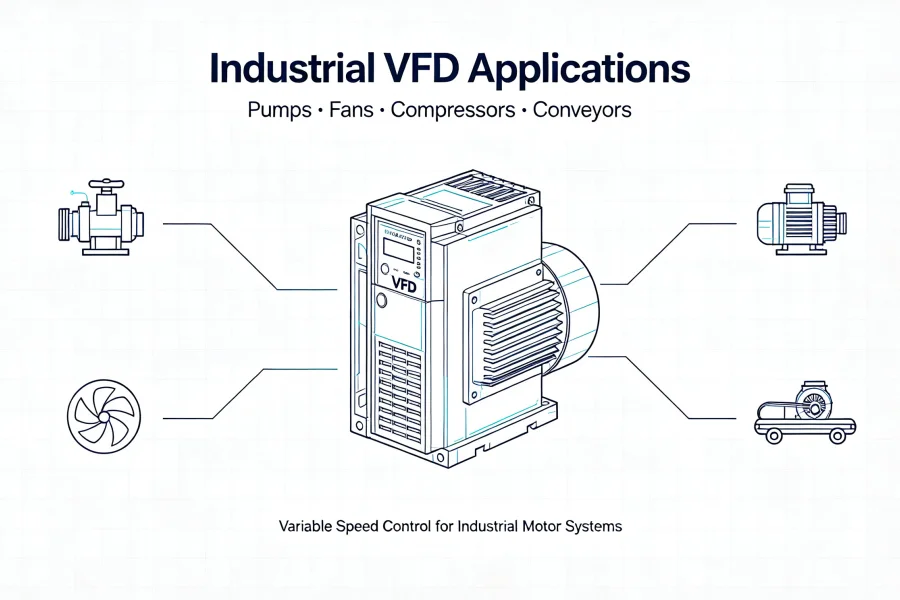 Variable Frequency Drive VFD Working Principle Diagram Showing AC Input, Rectifier, DC Bus, Inverter and Variable Frequency AC Output for Industrial Motor Speed Control