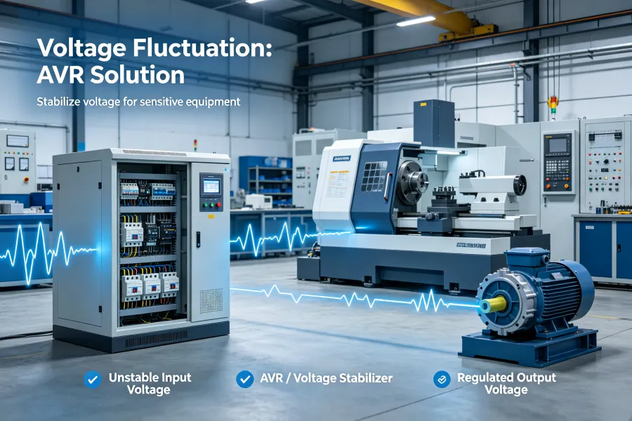 Industrial Voltage Fluctuation Solution Using Automatic Voltage Regulator AVR Voltage Stabilizer for VFD Motors CNC Machines PLC Controllers Automation Equipment and Factory Electrical Systems