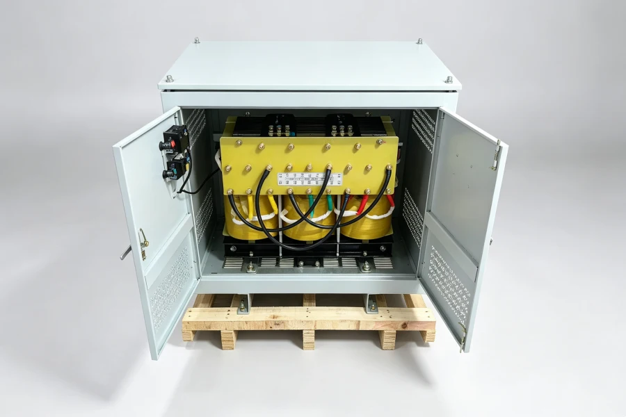 Voltnex Power industrial three phase isolation transformer open cabinet showing internal wiring, copper windings, electrical components and transformer structure for industrial power systems
