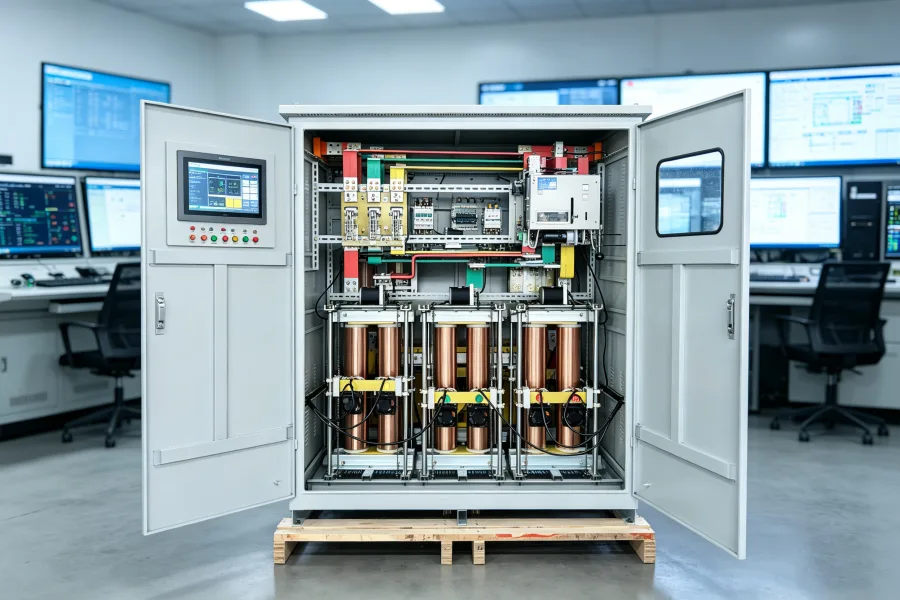 Voltnex Power smart industrial Automatic Voltage Regulator AVR with digital display, HMI control, RS485 and Modbus communication for remote monitoring and intelligent voltage stabilization systems