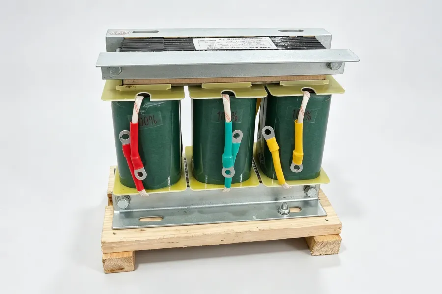 Voltnex Power three phase isolation transformer with exposed winding coil structure showing industrial dry type transformer construction and three phase electrical design