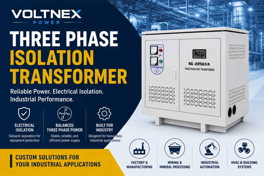 Voltnex Power three phase isolation transformer for industrial electrical isolation, voltage conversion, balanced three phase power and heavy-duty equipment applications