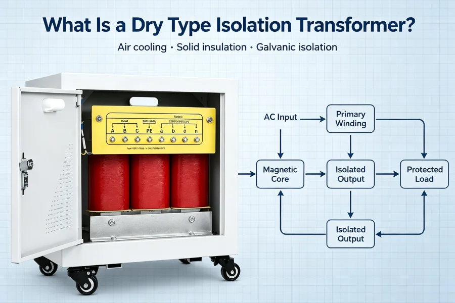 What Is a Dry Type Isolation Transformer Diagram Showing Air Cooling, Solid Insulation, Primary Secondary Windings, Galvanic Isolation and Working Principle | Voltnex Power Transformer Manufacturer