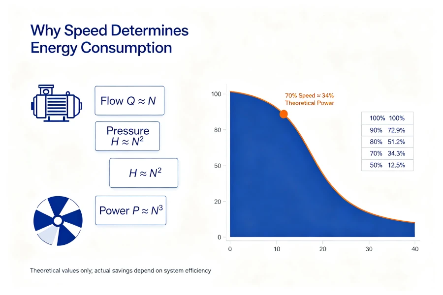 Why Motor Speed Determines Energy Consumption Pump Fan Affinity Law Graph Showing Power Proportional to Cube of Speed, VFD Energy Saving, 0.75kW to 1000kW Industrial Motor Applications, China Factory Manufacturer