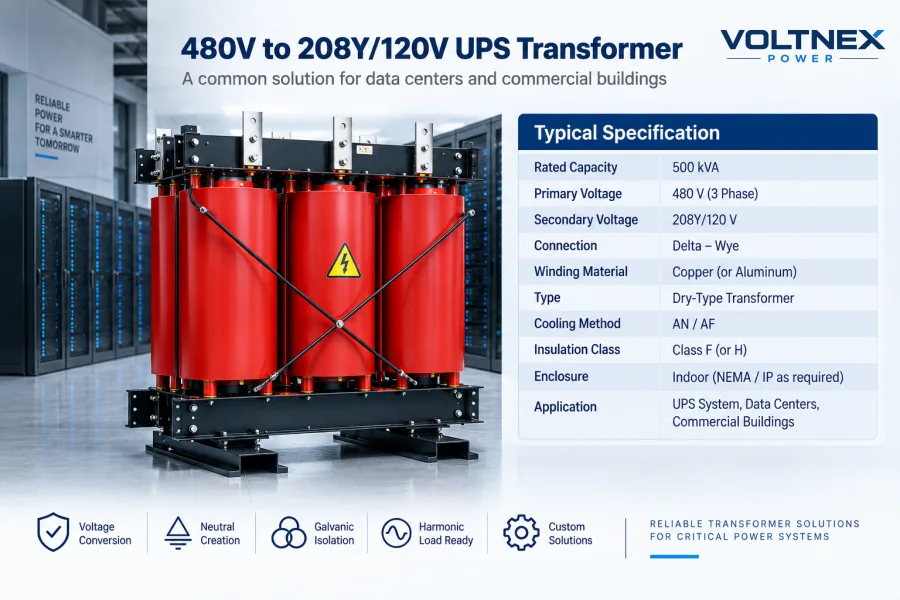 480V to 208Y120V Three-Phase UPS Isolation Transformer for Data Centers and Commercial Power Distribution Systems | Voltnex Power