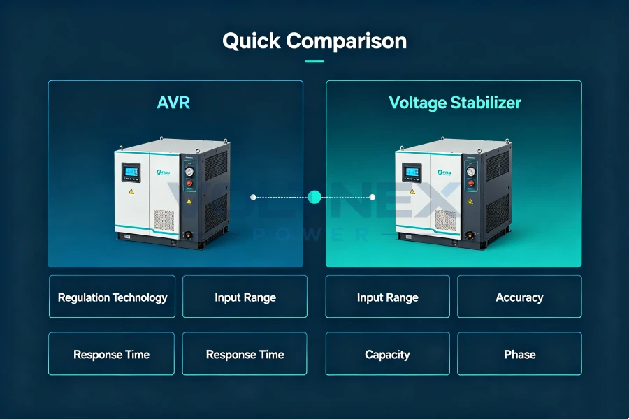 Automatic Voltage Regulator vs Voltage Stabilizer Quick Comparison of AVR Technology, Input Voltage Range, Accuracy, Response Time, Capacity and Phase