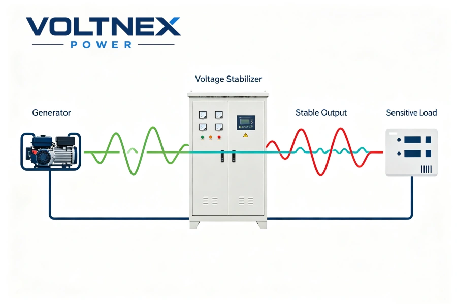 Automatic Voltage Stabilizer Connection Diagram Between Generator and Electrical Load for Industrial Power Conditioning