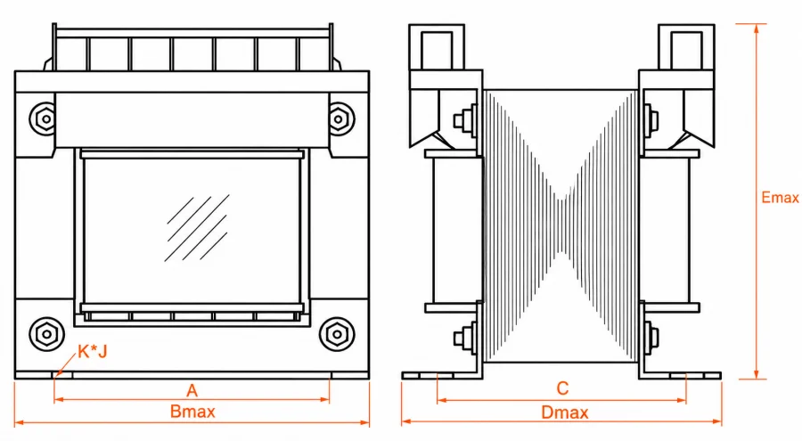 BK Series Industrial Control Transformer Dimension Drawing – Outline, Overall and Mounting Dimensions with Technical Specifications for Custom Industrial Power Applications – VoltNex Power