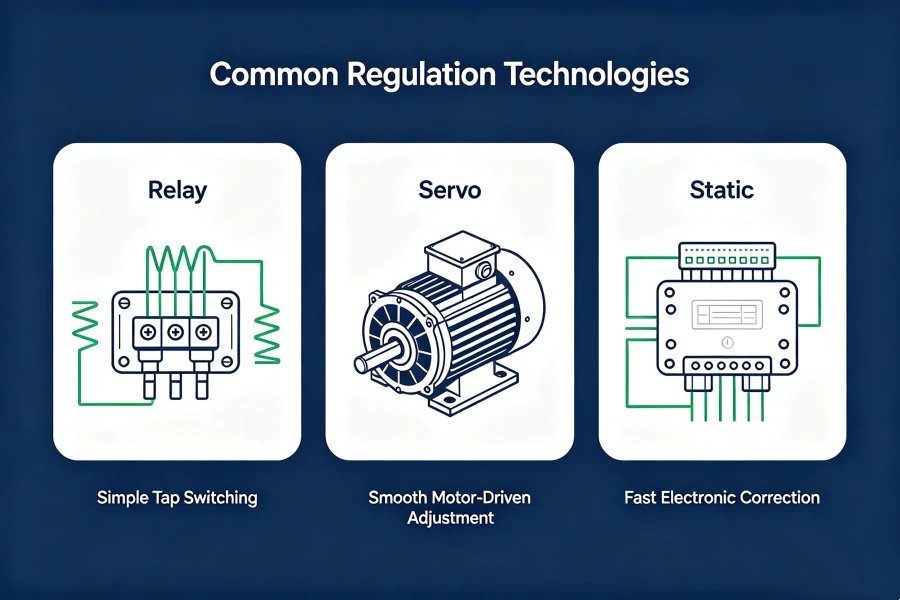 Common Automatic Voltage Regulator and Voltage Stabilizer Technologies Including Relay, Servo Motor, Static and SCR Voltage Regulation Systems