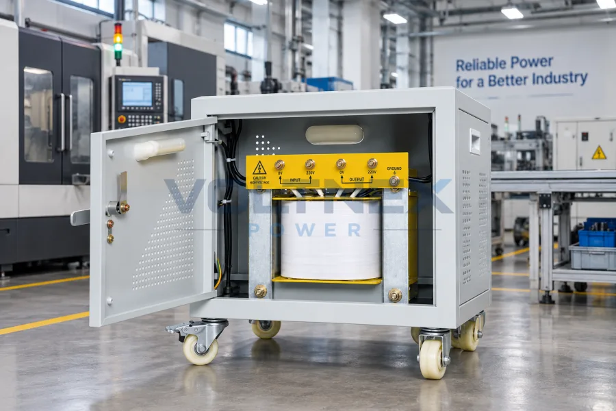 DG Series single phase dry type isolation transformer in Voltnex Power factory for CNC machines, automation equipment, machine tools and industrial electrical systems