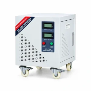 DG Series single phase dry type isolation transformer with digital display, enclosed cabinet, copper windings and caster wheels for industrial equipment and electrical power isolation