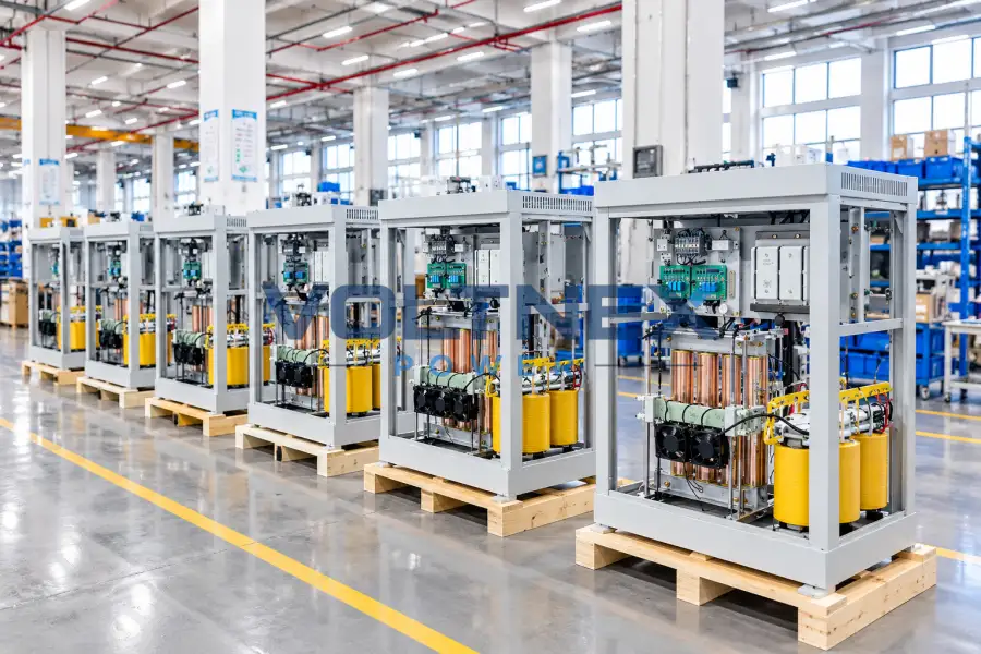 Factory assembly line for customized dry type transformers and industrial power equipment manufactured by Voltnex Power