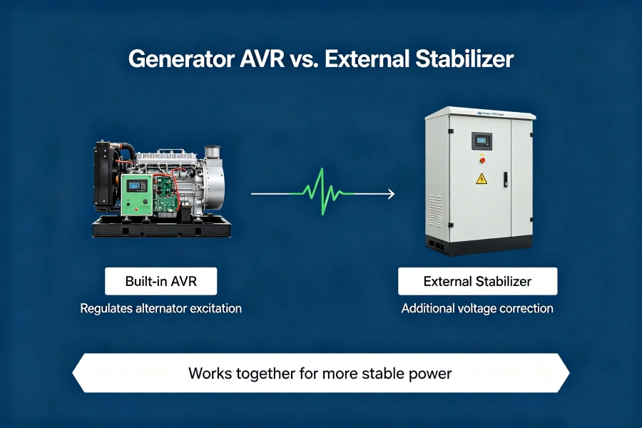 Generator AVR vs External Voltage Stabilizer Showing Built-In Excitation Regulation and Additional Voltage Correction for Sensitive Loads
