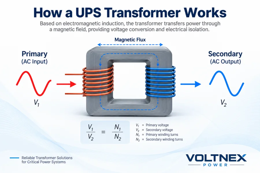 How a UPS Transformer Works Through Electromagnetic Induction, Voltage Conversion and Galvanic Isolation for Reliable Power Protection | Voltnex Power