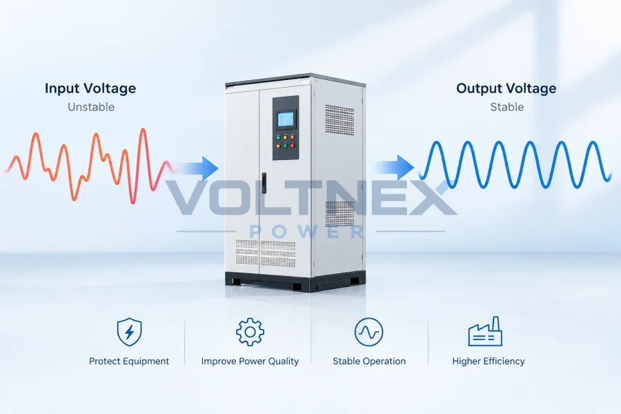Automatic Voltage Regulator AVR stabilizing fluctuating input voltage and delivering stable output power for industrial equipment, manufactured by Voltnex Power