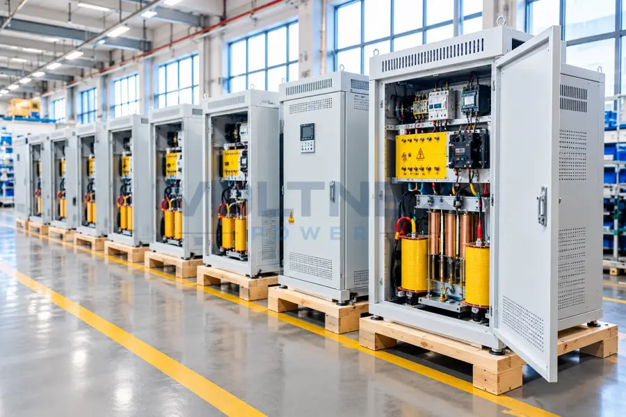 Industrial transformer assembly line with workers and production equipment for assembling and inspecting dry type transformers
