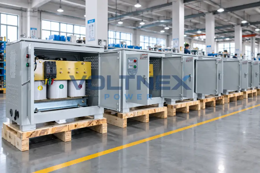 Transformer assembly workers and equipment inside an industrial power equipment factory