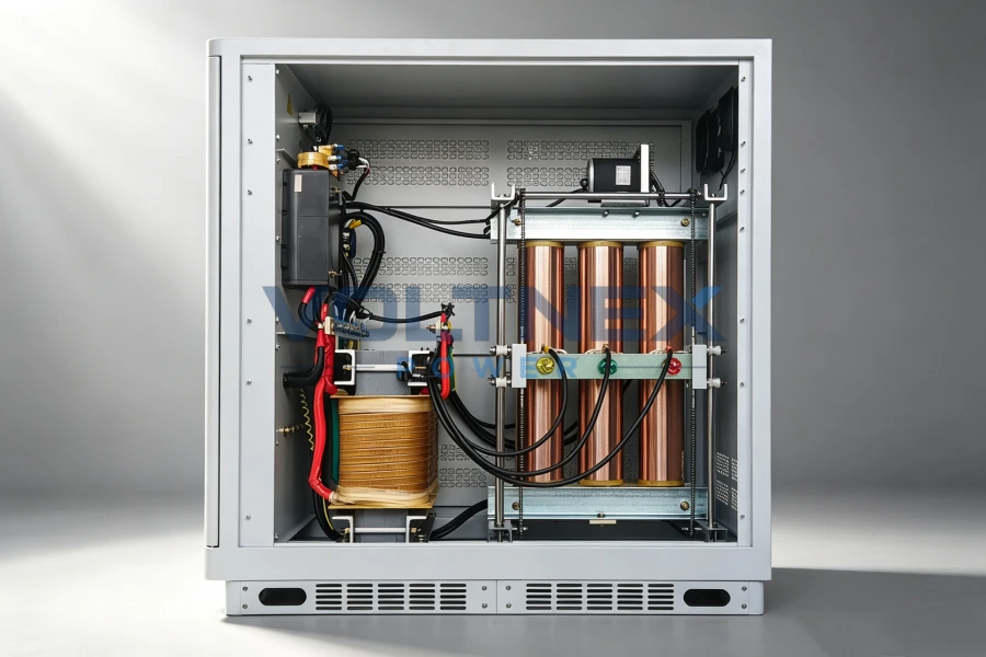 Internal Structure of Three-Phase Industrial Automatic Voltage Regulator AVR with Copper Compensation Coils and Transformer Components