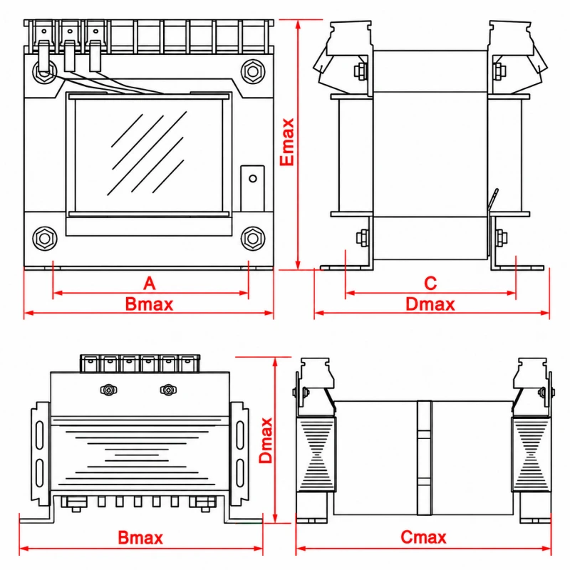 JBK Series Machine Tool Control Transformer Outline Drawing and Installation Dimension Diagram for JBK1–JBK5